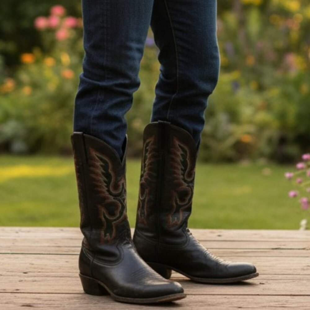 Ferrini Goat Leather Boots Mens 10.5 EE Black Leather Western Vintage Cowboy